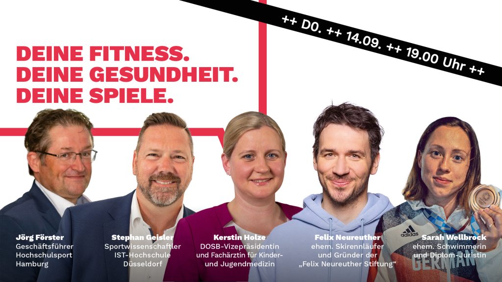DOSB-Fachtalk "Deine Fitness. Deine Gesundheit. Deine Spiele" mit den Talkgästen Jörg Förster, Stephan Geisler, Kerstin Holze, Felix Neureuther und Sarah Wellbrock.